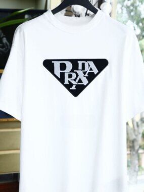 White Cotton T-shirt with Black Triangle Graphic Patch